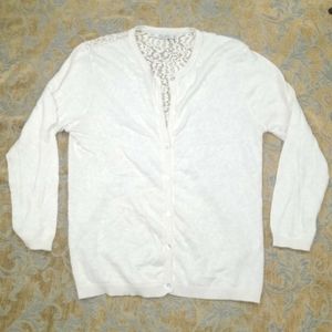 🔷 ZARA sheer lace back Ivory cardigan Large 3/4 sleeve Cream Button sweater L